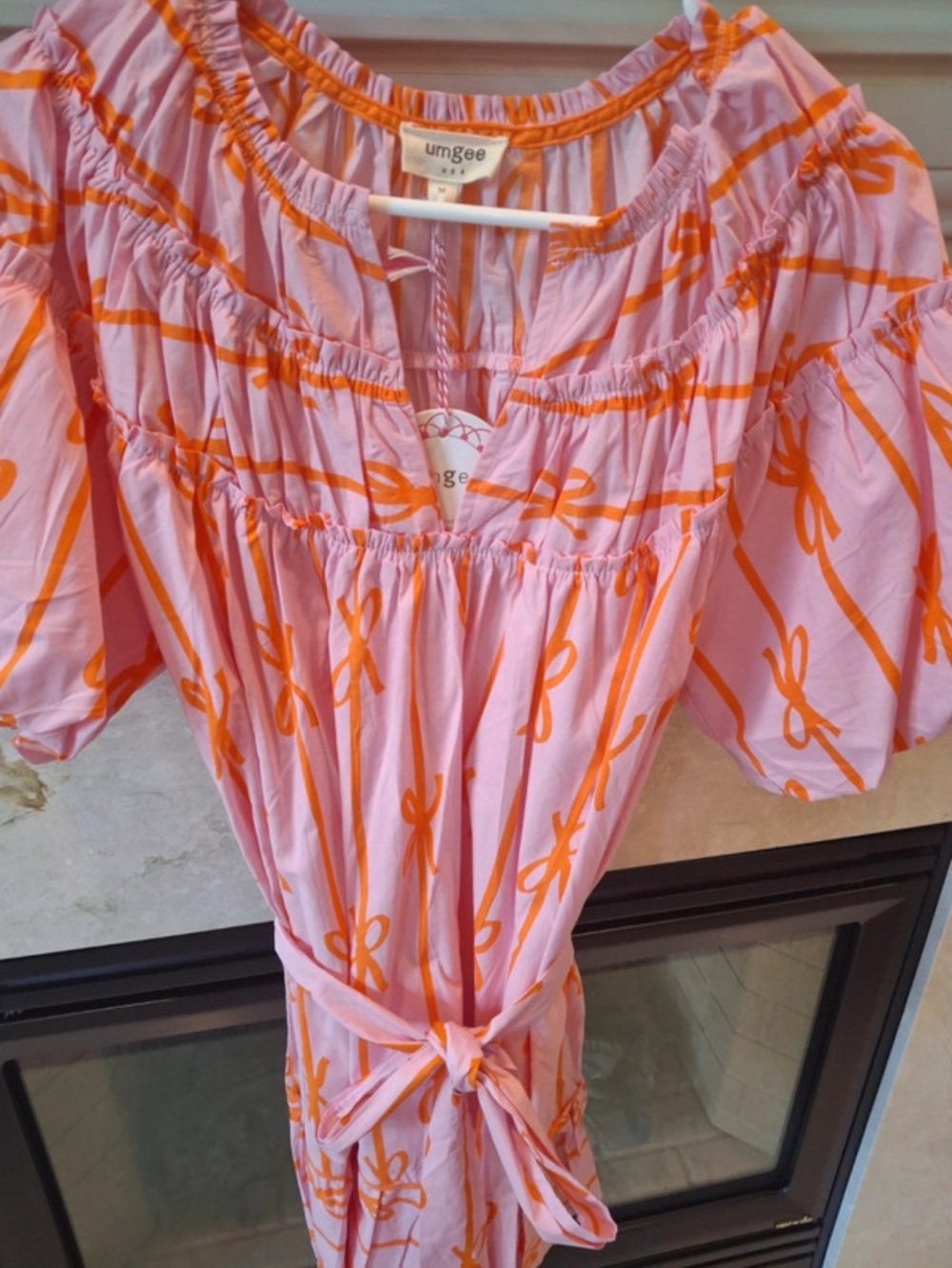 Umgee Pink Dress with Orange Bow Print and Tie Waist